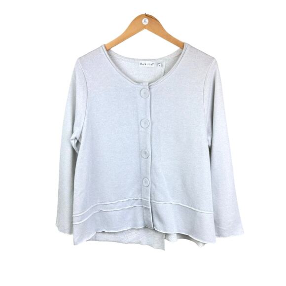 Habitat Light Gray Terry Silver Sparkle Button Raw Edge Cardigan Sweater Top - Picture 4 of 12